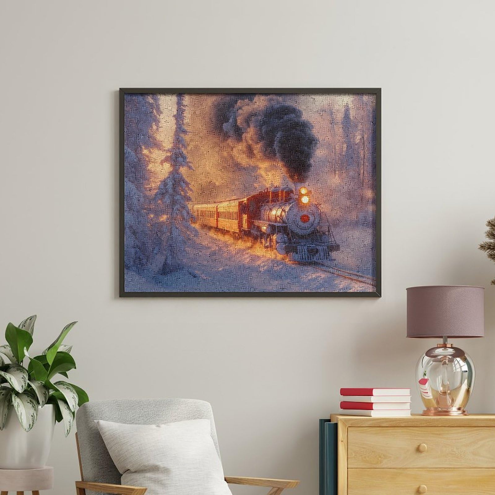 Malen nach Zahlen, Motiv: Dampfzug, verschneite Wälder, für Erwachsene, Anfänger, bunt, DIY, einfaches Malen für Zuhause, Wanddekoration