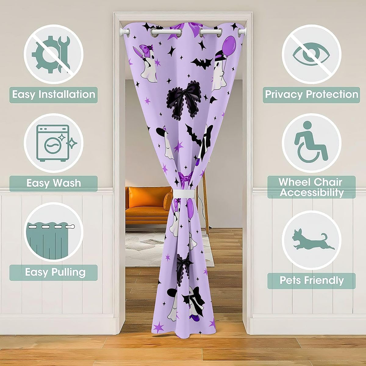 Castle Fairy Cute Ghost Door Curtain for Doorway Privacy,Kawaii Bows Closet Door Cover Curtain for Bedroom,Cartoon Bat Spider Web Room Darkening Curtains Halloween Purple,W34 X L80 image 3