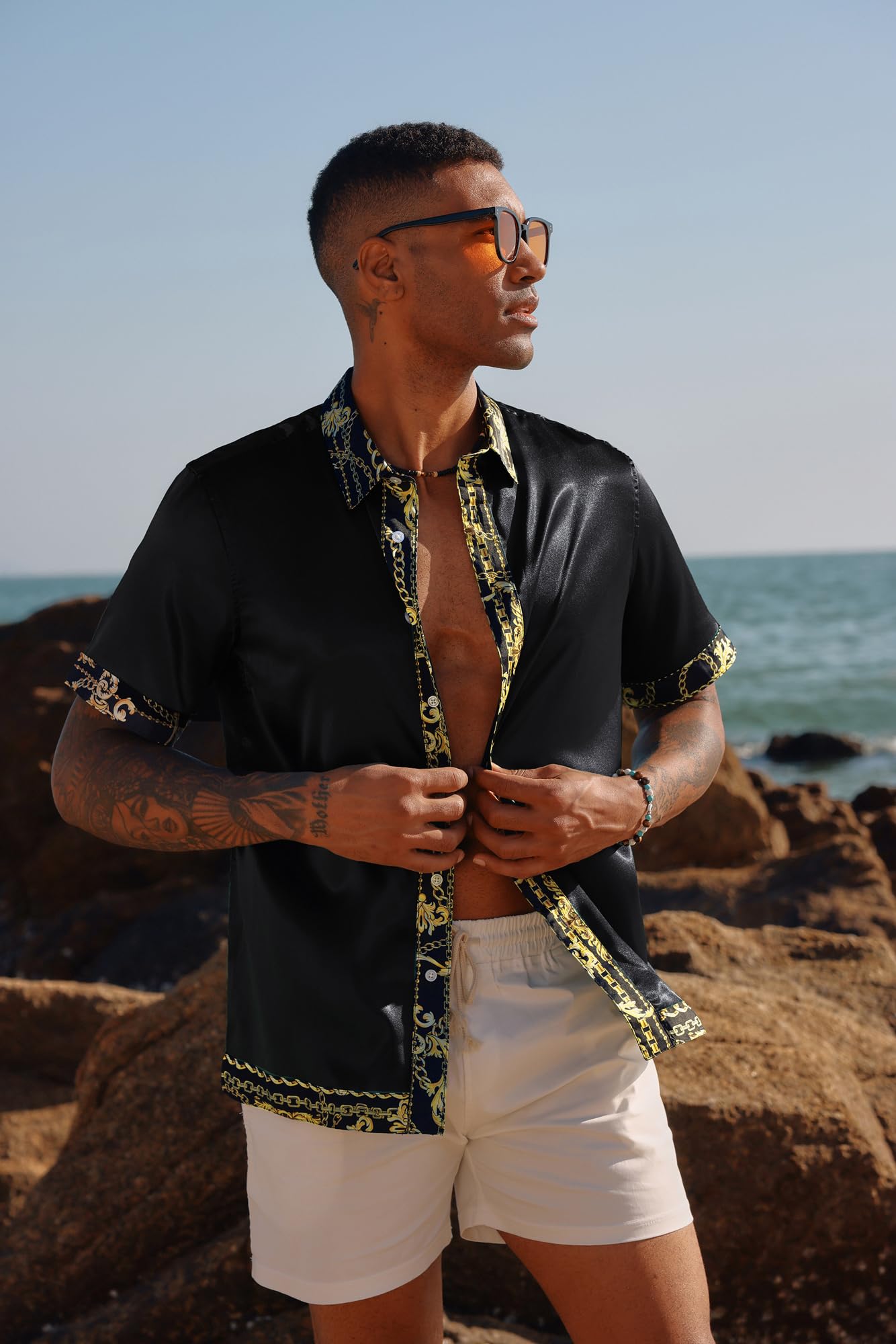 PJ Paul Jones Herrenhemd, kurzärmelig, mit Knopfleiste, lässiges Stretch-Hemd aus Satin-Seide, Hawaii-Strandhemd