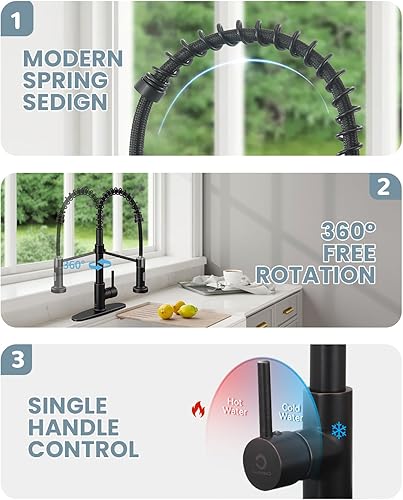 Miniatura 5 de Juego de grifos de cocina de un solo mango de bronce aceitado con rociador desplegable y dispensador de jabón, 17 pulgadas de alto