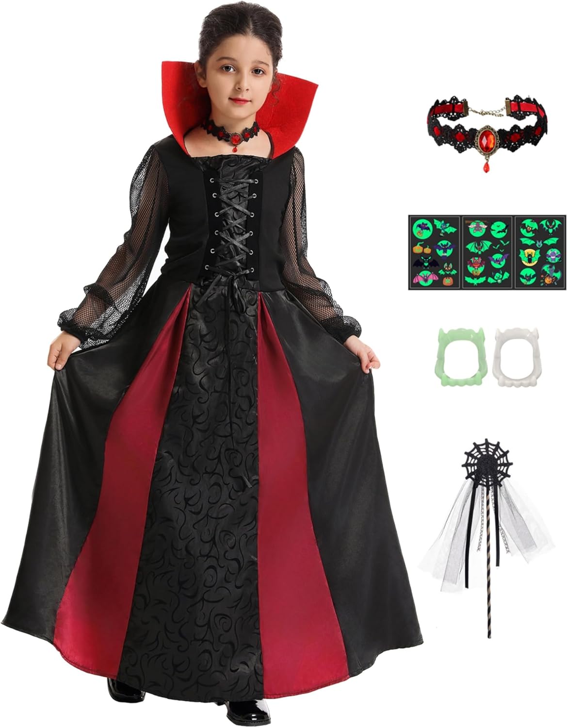 Vampire Costume for Girls Noble Medieval Queen Cosplay Halloween Costumes Gothic Dress with Choker Accessories Kids Vampire Costume 11-12 Year