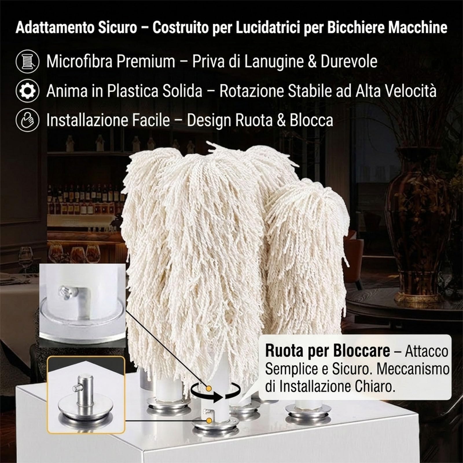 Spazzole per Lucidatrice per Bicchieri, Set da 8 Ricambi in Microfibra, Spazzola Asciuga Bicchieri per Lavabicchieri da Ristorante, Finitura Brillante,Bianca