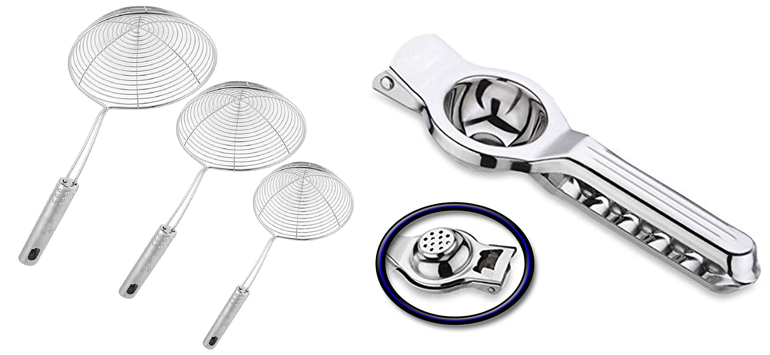 Kuber Industriesâ„¢ Deep Fry/Mesh Strainer/Jhara/Puri Strainer Set of 3 Pcs (16 & 18 & 20 cm) Code-STJ + Kuber Industries Stainless Steel Lemon Squeezer with Bottle Opener (Silver, CTKTC01784)