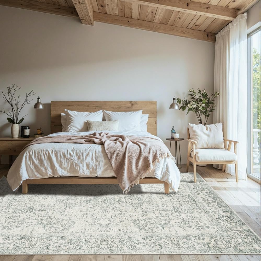 5X7 Washable Area Rug for Living Room, Vintage Large Boho Rugs for Office, Dining Room, Kids Room, Farmhouse, Durable Low Pile Non Slip Carpet for High Traffic Areas, Light Green - Image 4