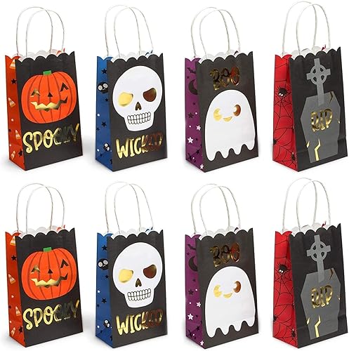 Spooky Central Paquete de 24 bolsas de papel de Halloween con asas para niños, regalo de dulce o truco, suministros de recuerdo de fiesta, 3 diseños