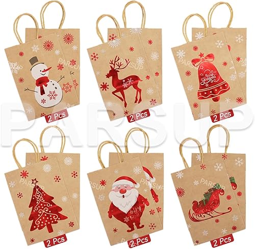 Miniatura 2 de Bolsas de regalo de papel kraft de Navidad, 12 unidades de estilos surtidos, bolsas de papel pequeñas de Navidad con asas, bolsas de regalo de