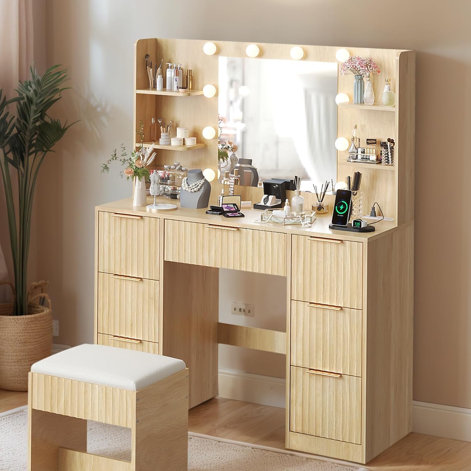 VINGLI Fluted Makeup Vanity Desk with Mirror & Lights & Power Outlet, Small Vanity Table w/ 7 Drawers & 4 Storage Shelves,Oak Modern Dressing Table Set Charging Station for Bedroom