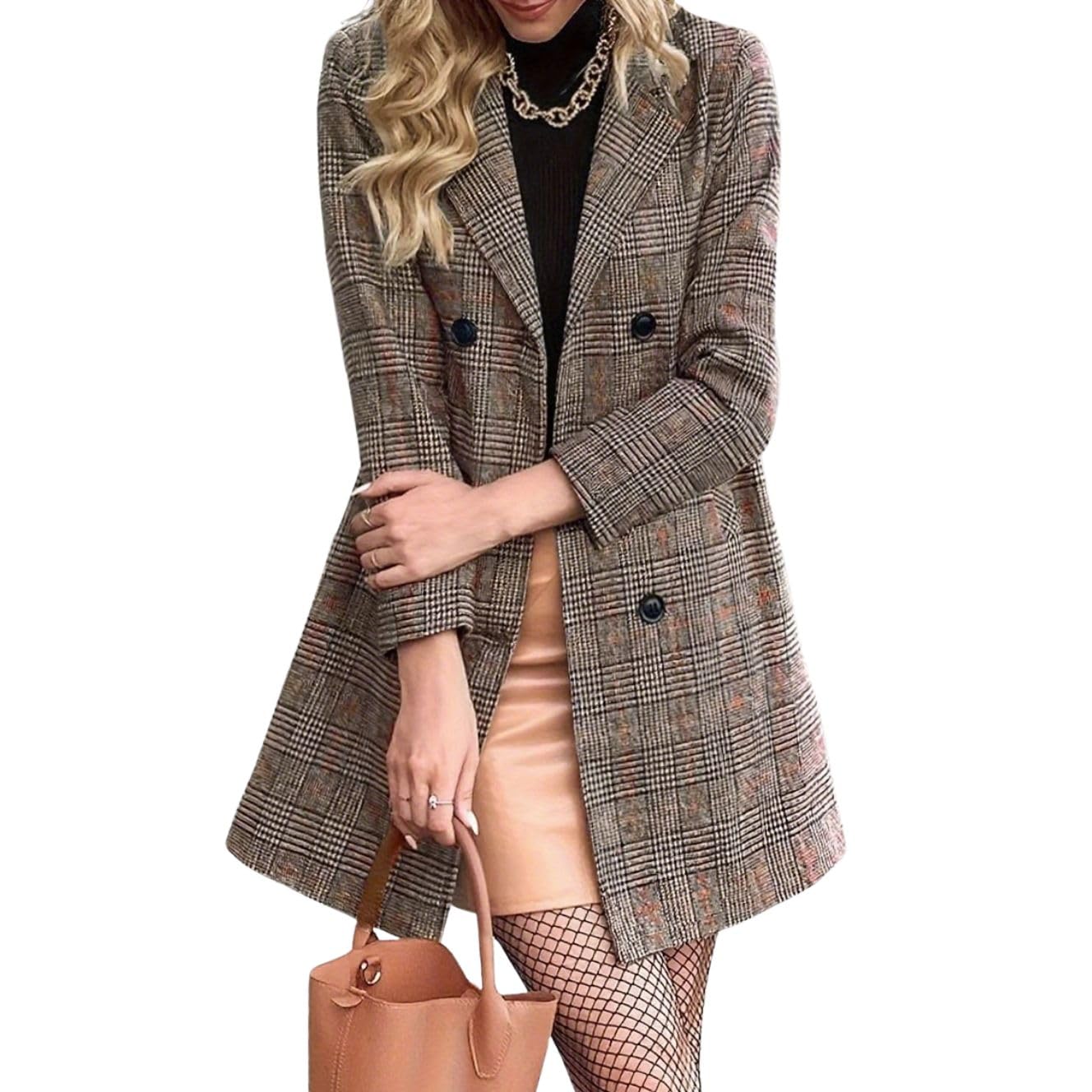 chouyatou Womens Winter A Line Notch Lapel Wool Blazer Jacket Coat Plaid Double Breasted Work Peacoat