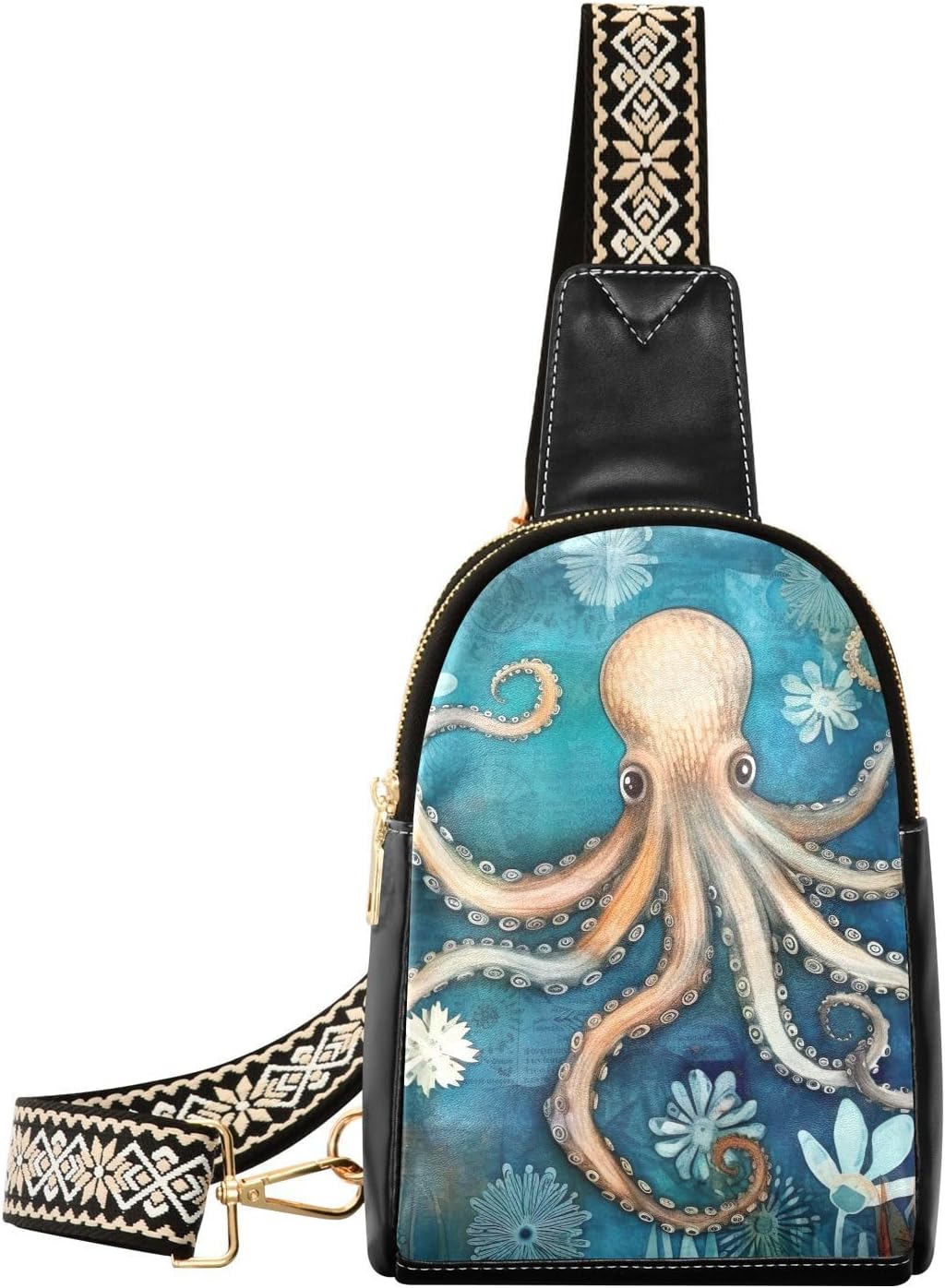 Sling Backpack Octopus Vintage Sling Bag for Women Crossbody Shoulder Bag Leather Fanny Pack Chest Bag for Travel Hiking 202A1782