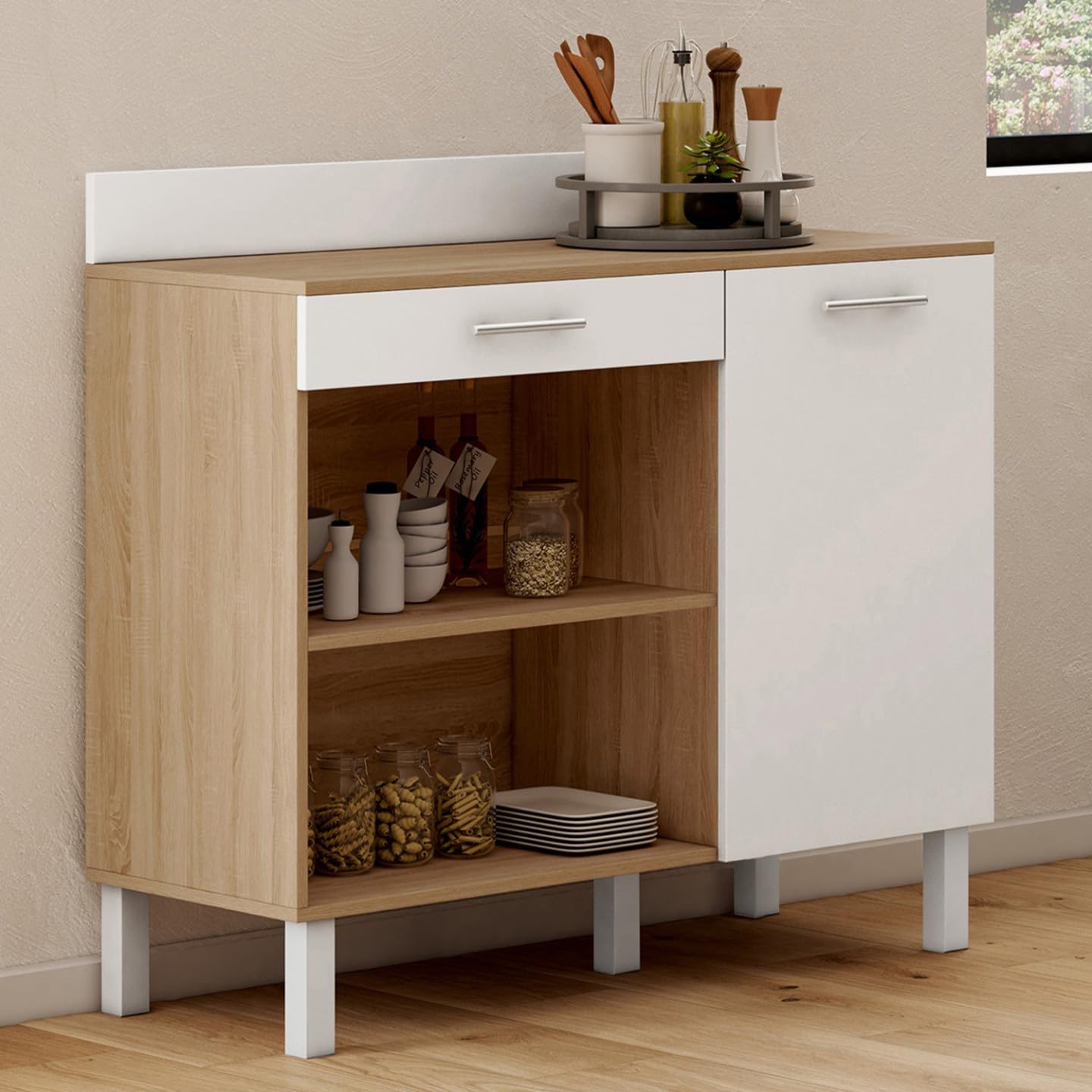 IDMarket - Buffet Bas de Cuisine 100 cm CINA façon hêtre et Blanc