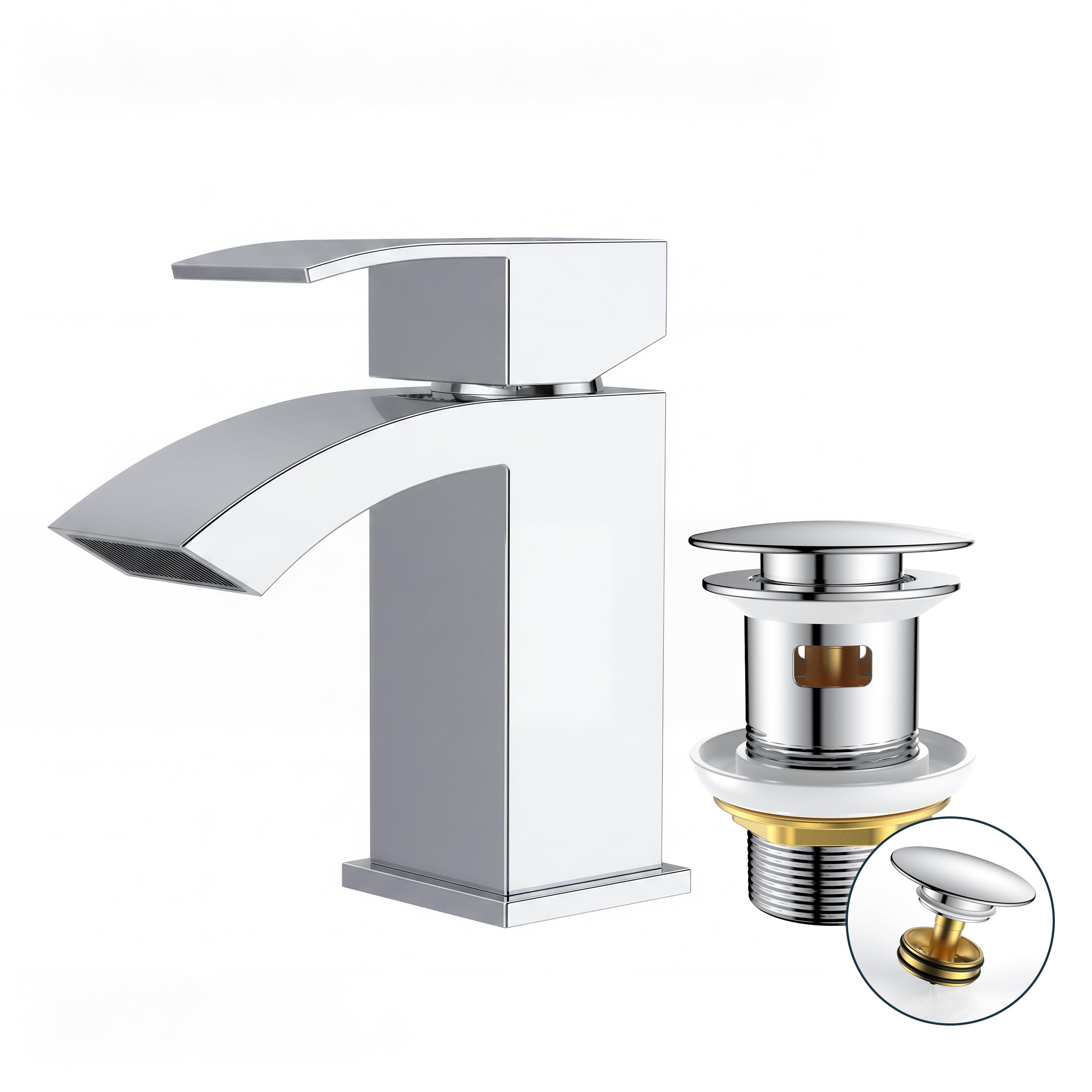 FORIOUS Bathroom Sink Taps Waterfall with Pop-up Waste, Single-Lever Basin Mixer Tap with G1/2'' Hoses, Spout Height 60 MM, Water-Saving, Chrome