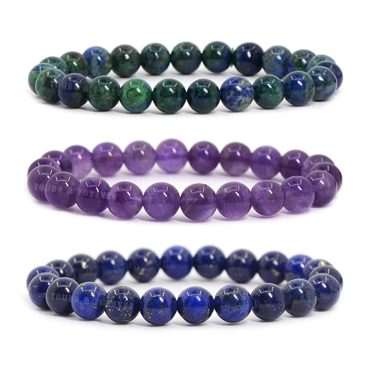Gift D'vine Spiritual Natural Semi-Precious Amethyst Azurite Lapis Lazuli Reiki Bracelet for Men and Women Set of 3-image-45