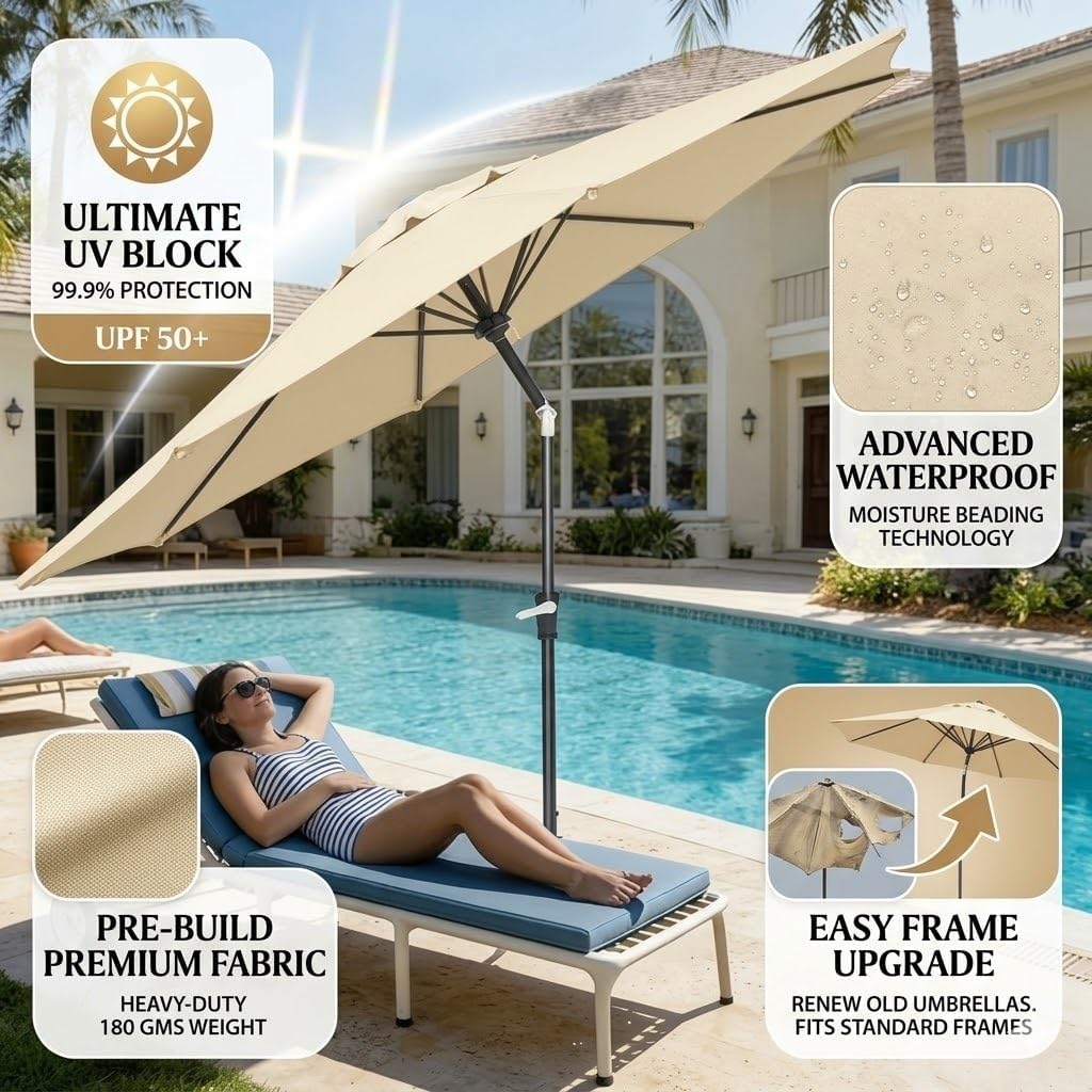 Umbrella Replacement Canopy 9ft 10ft 11ft, Fade Resistant Patio Umbrella Fabric Cover, Waterproof Shade Top for Outdoor Garden Backyard Pool(White,13.1ft/8 Ribs)