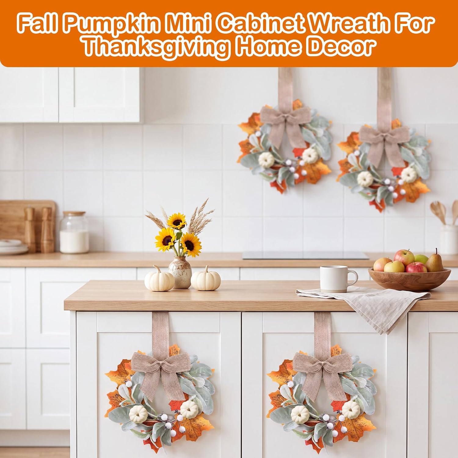 4 Pcs 9" Artificial Fall Wreaths with White Pumpkin and Maple Leaves