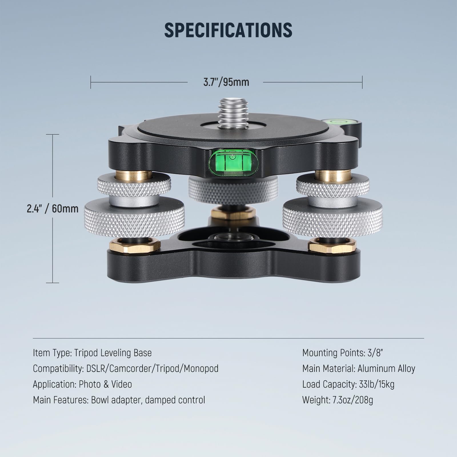 NEEWER Tête Trépied Base de Mise à Niveau pour Caméra,Tête en Métal à 3 Axes avec Niveaux à Bulle,Vis et Filetage 3/8",Réglage Précis d'angle +/-9°pour Photographie Panoramique,Charge 15 kg,LP65