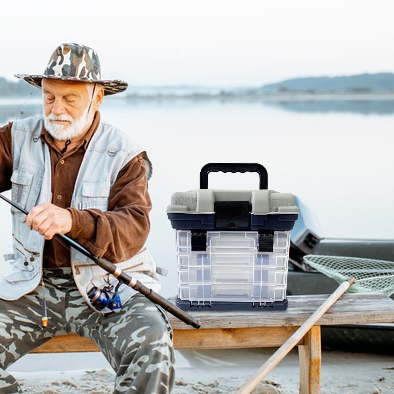 Caja de aparejos de pesca, organizador portátil de 4 capas con diseño de múltiples compartimentos, almacenamiento duradero para señuelos y anzuelos, ideal para organización de utilidad de pesca en el