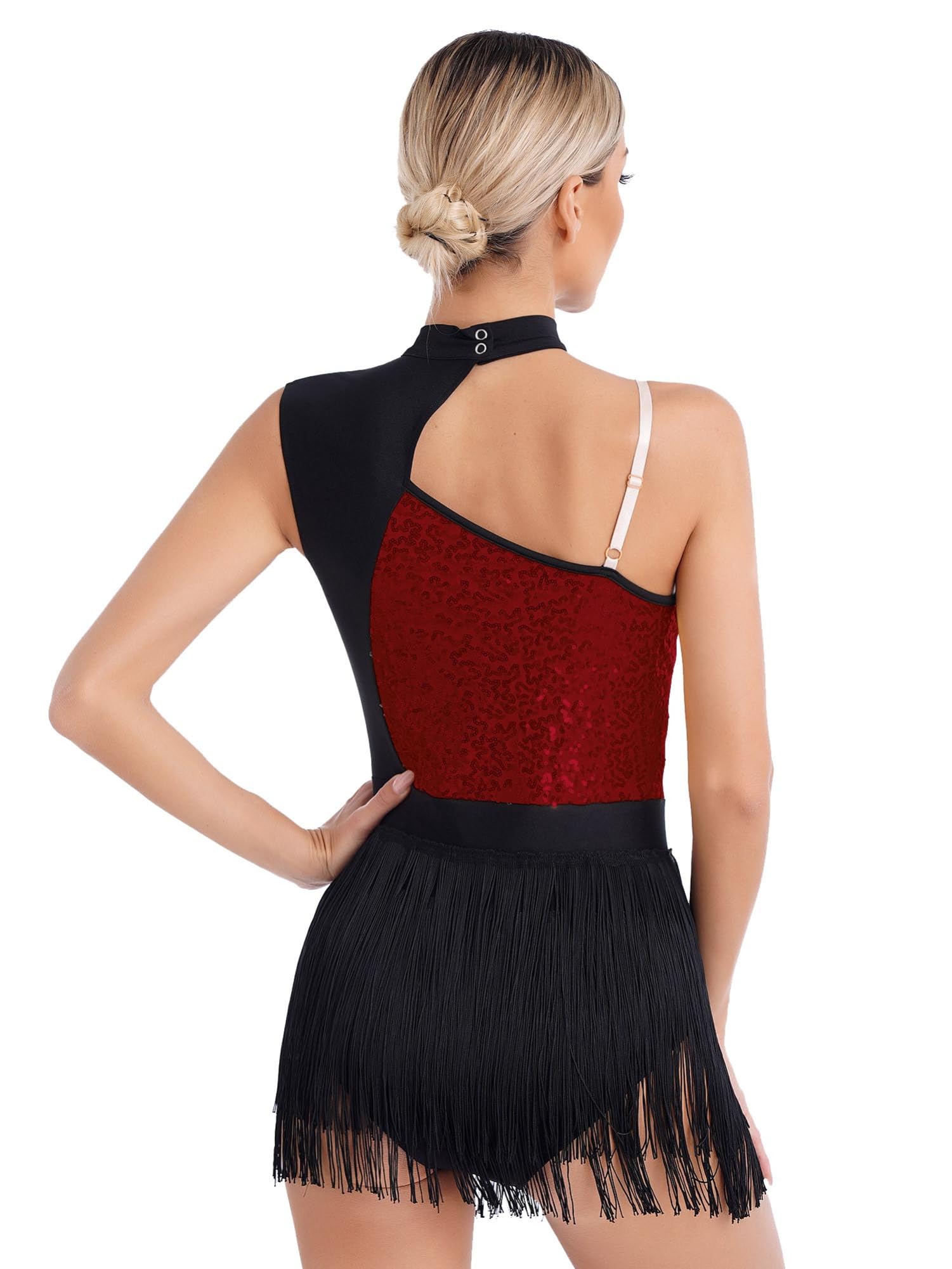 IEFIEL Vestido de Danza Lentejuelas con Flecos sin Manga para Mujer Maillot de Baile Latino Tango S-XXL