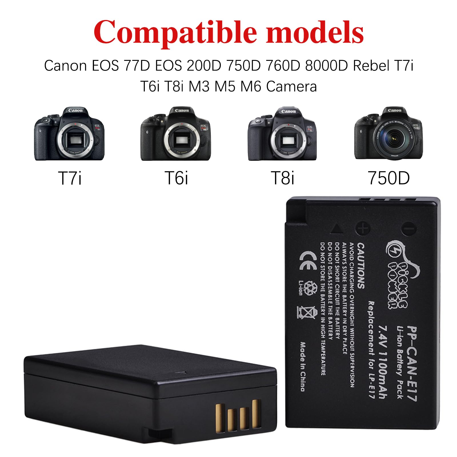 Pickle Power 2Pcs LP-E17 Batteries 1100 mAh avec Double Chargeur USB intégré pour Canon Rebel SL3 SL2 T8i T7i T6i T6s EOS M3 M5 M6 8000D 800D 760D 750D 200D 77D Kiss X8i