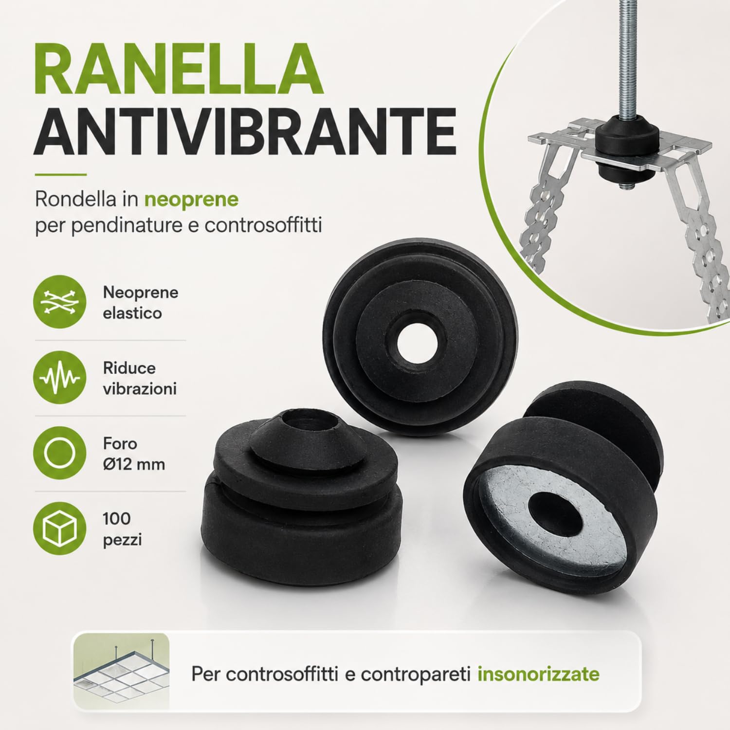 Ranella Gommino Antivibrante Neoprene con Rondella, Isolamento Acustico, Controsoffitti, Contropareti, Disaccoppiamento Vibrazionale, Diametro 30 mm, Foro Ø12 mm - 100 pezzi