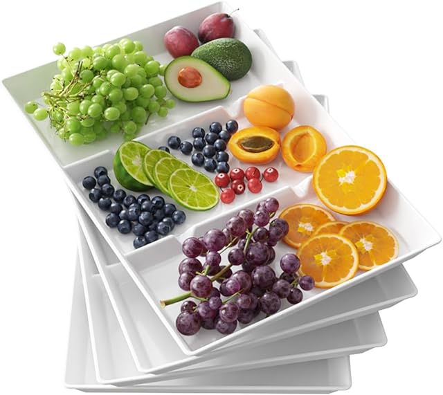 Lifewit Divided Serving Tray Platter Plastic, 4PCS White Reusable Trays for Food Eating, Tea/Drink/Snack/Dinner Serving Platters for Kichen, Bar, Restaurant, 38.1 x 25.4 cm