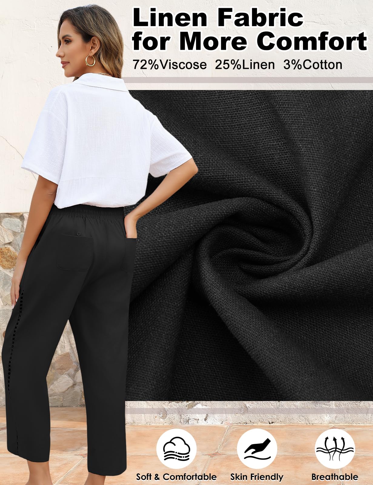 Voqeen Mujer Pantalones de Lino Verano Frescos Cintura Alta Elástico Largo Anchos con Bolsillos
