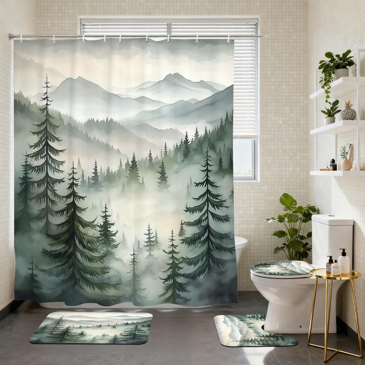 4 Piece Green Misty Forest Shower Curtain Set with Non-Slip Rugs,Toilet Lid Cover, Bath Mat Nature Tree Mountain Woodland Bathroom Decor Set Accessories with 12 Hooks, 72 x 72 Inch