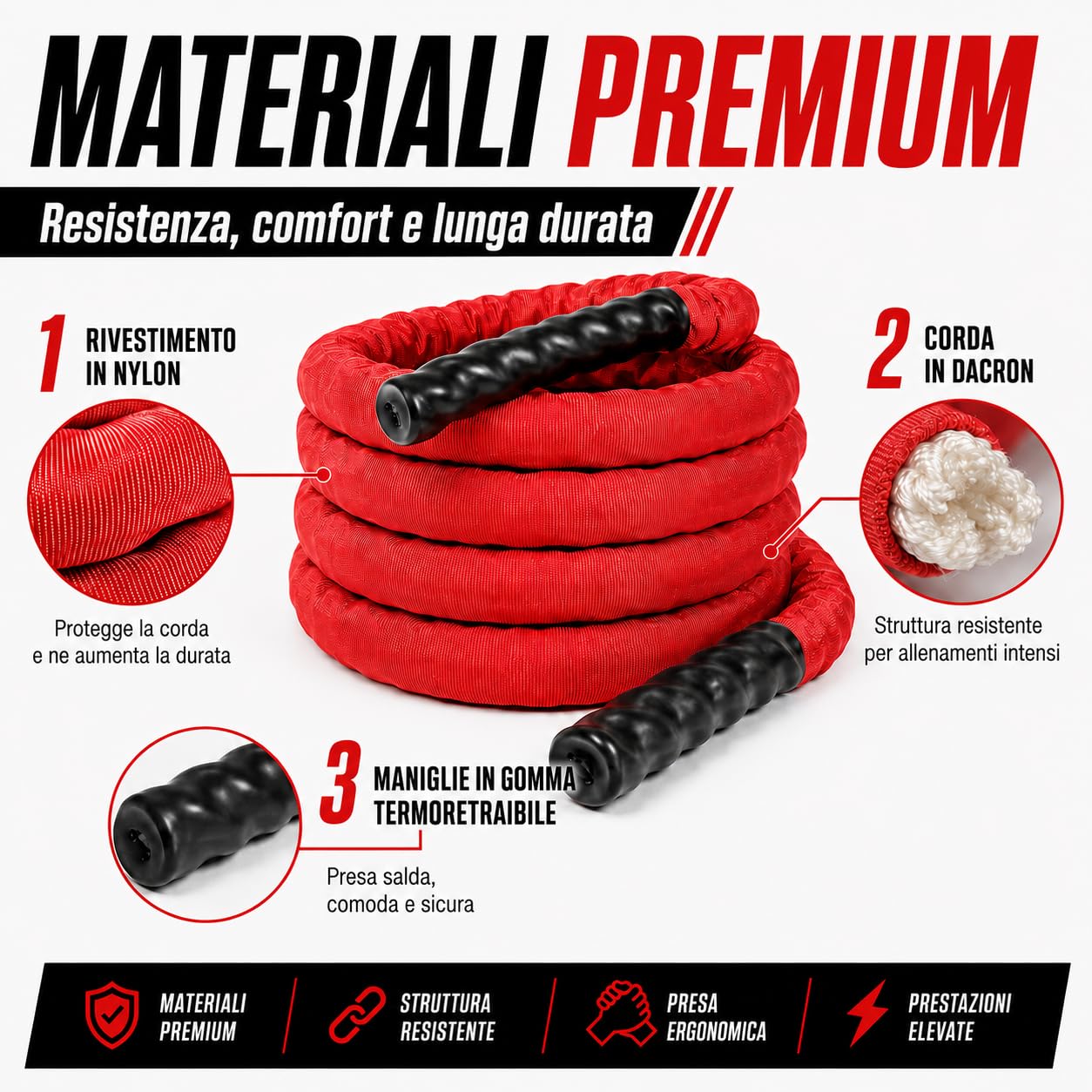 Adrenaline Battle Rope 12 m, 38 mm, 9,5 kg, con Rivestimento in Nylon, Maniglie in Gomma, Kit di Fissaggio a Muro, Strap e Moschettone