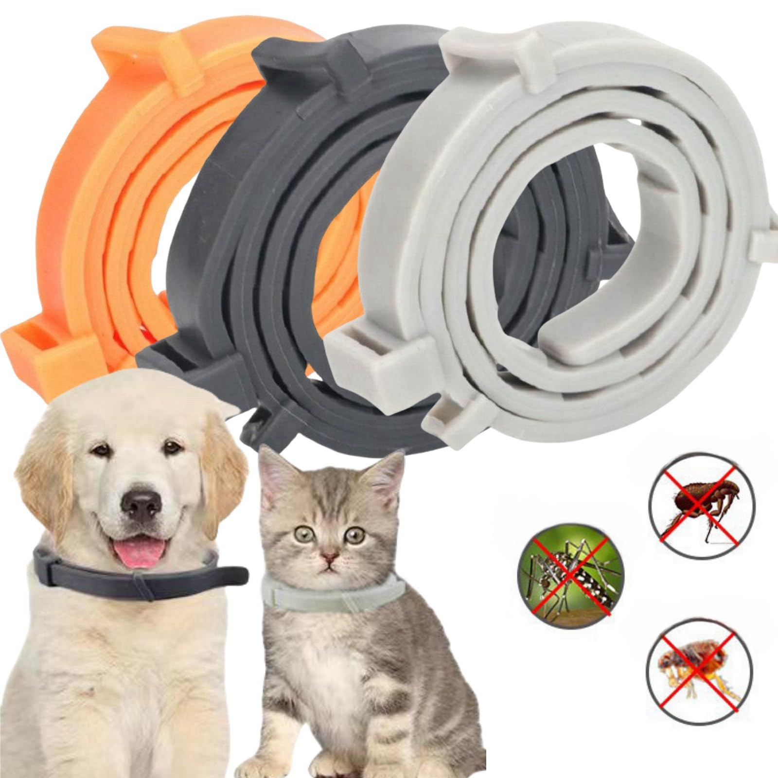Collar Antipulgas Perros,3pcs Collar Antiparasitario Perros,Collar antiparasitario Gatos,Naturales Collar Antipulgas Perro,Collar Antiparasitario Perros y Gatos (Negro + Gris + Amarillo, L)