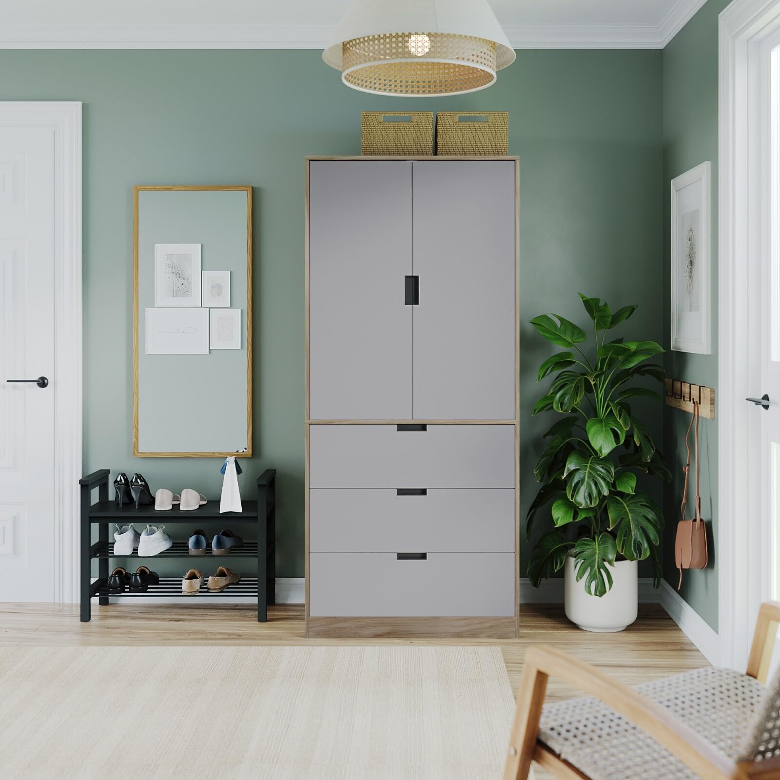 URBNLIVING Modern 2 Door Wardrobe with 3 Drawers & Hanging Rail, Stylish Freestanding Storage, Spacious Interior, Durable Chipboard Build, Easy to Assemble Bedroom Furniture - Image 6