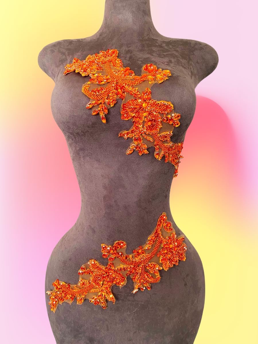 Handmade Rhinestones on Lace Applique Trim Sewing Beads Sequins Trim Patches for Wedding Dress Accessories 1Pair/Bag (Orange)