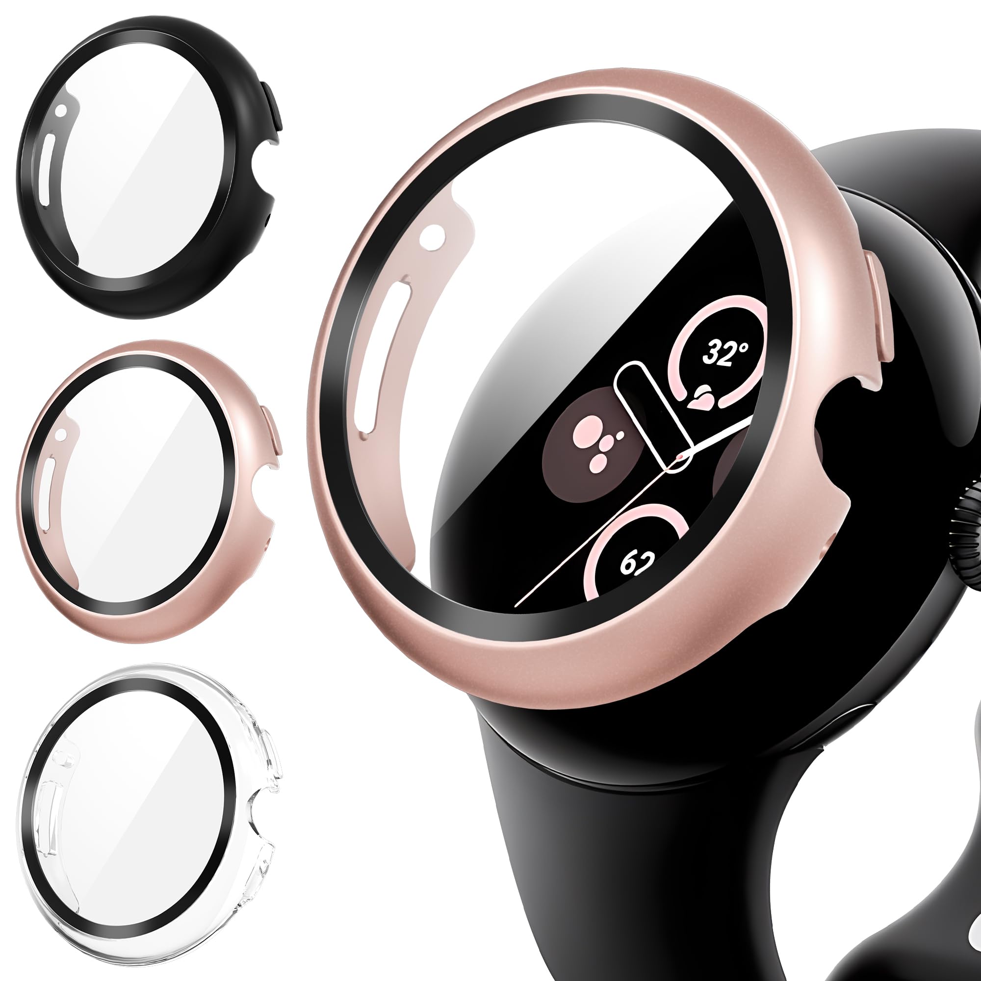 Diruite 3-Pack Screen Protector for Google Pixel Watch 3/2/1 41mm Tempered Glass Case All Around Hard PC Protective Cover,Black&Rose Gold&Transparent