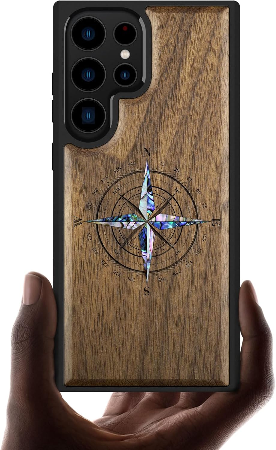 Carveit Designer Wooden Case for Samsung Galaxy S23 Ultra Cover [Wood Engraving & Shell Inlay] Compatible with Wireless Chargers Galaxy S23 Ultra Case (Shell Yin Yang Wolf-Blackwood)