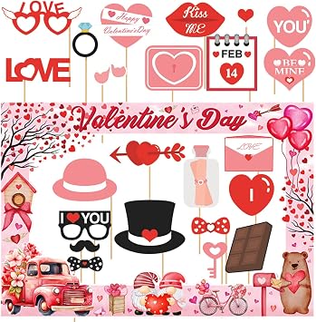 Valentines Day Photo Booth Props Frame Happy Lovers Selfie Photobooth Props Valentine Backdrop Decorations Supplies for Wedding Party Photography Posing Signs DIY Craft1 Frame+24 Pcs Props