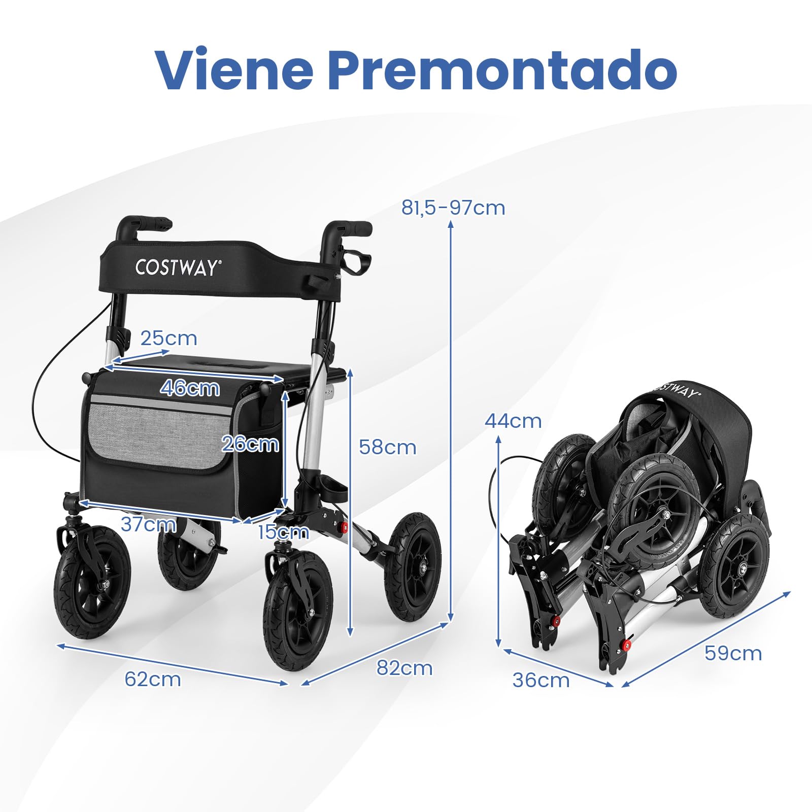 COSTWAY Andador para Ancianos con Asiento, Taca Taca Adultos Plegable, Altura Ajustable 81,5 a 97 cm, 4 Ruedas de Neumáticos, Caminadores para Mayores, Estructura de Aluminio Ligera (plata)