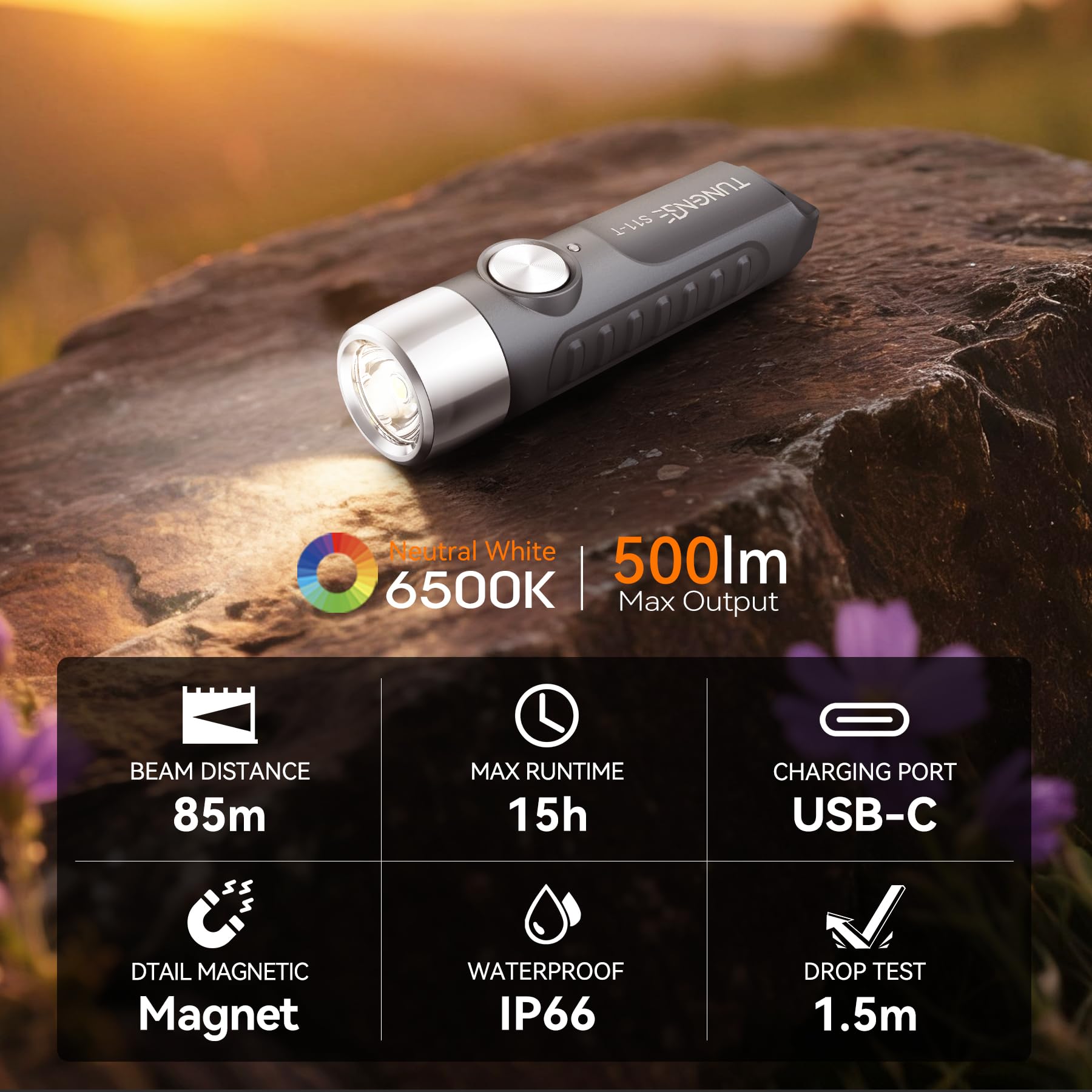S11-T Linterna recargable con llavero, 500 lúmenes altos, mini linterna EDC con imán, luz LED de bolsillo adecuada para exteriores, camping, senderismo