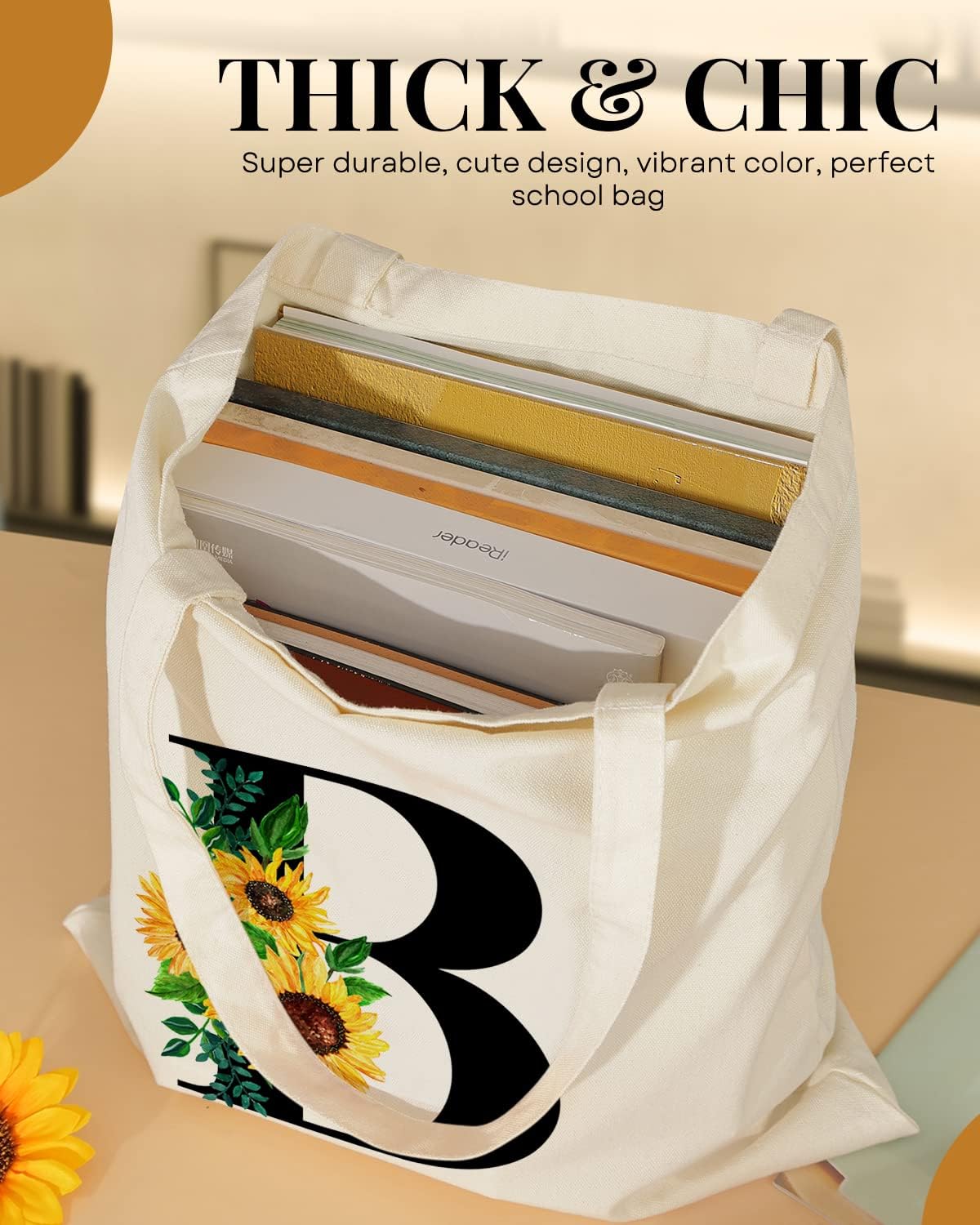 AUSVKAI Canvas Tote Bag Aesthetic for Women, Cute Sunflower Initial Trendy Monogram Personalized Initial Birthday Reusable Cloth Cotton Bags with Handle for Grocery College Shopping Beach - Image 5