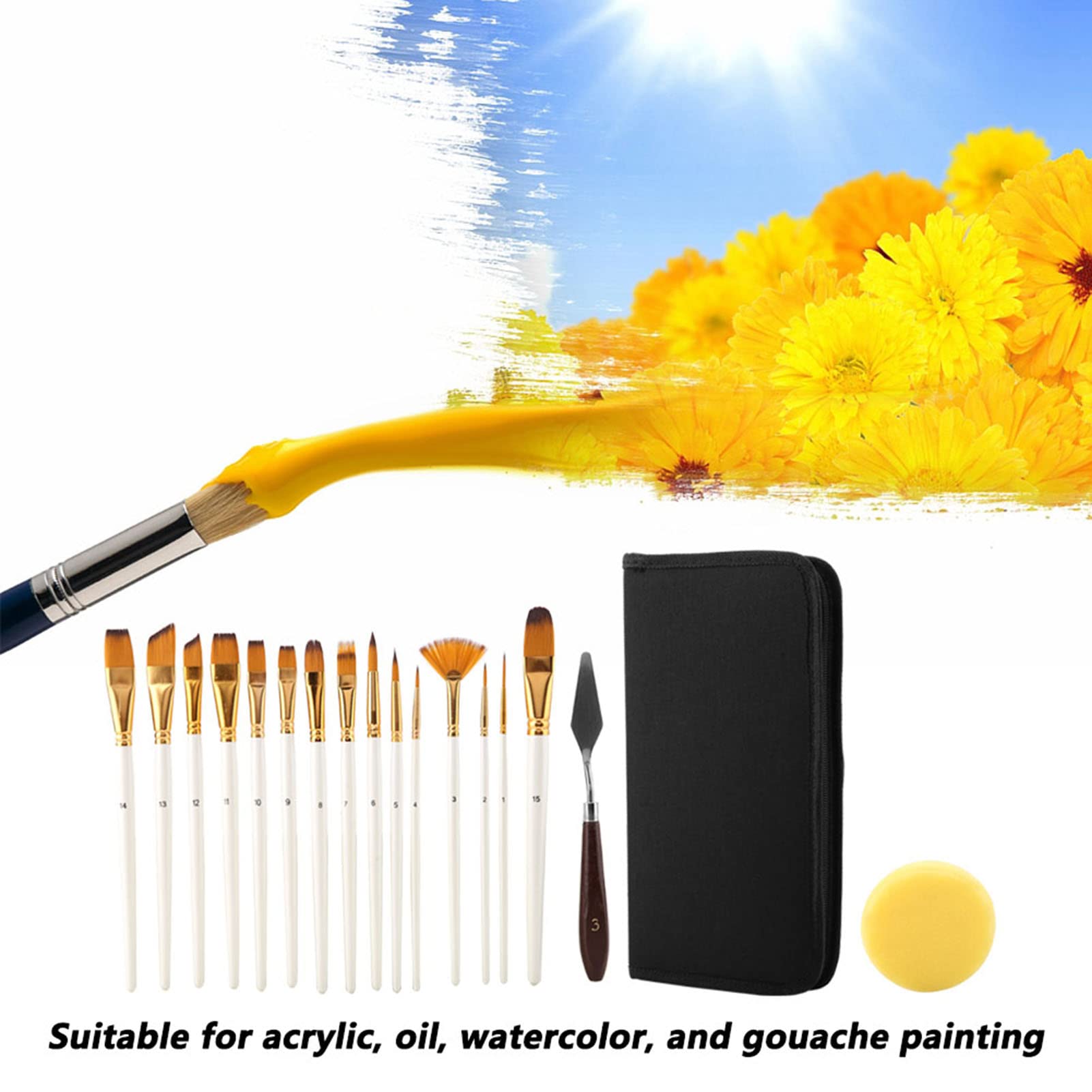 Paint Brush Set, Wood Handle 15 Painting Brushes for Kids Artist Watercolor Brushes with Palette Knife, Sponge, Organizing Case for Gouache Watercolor Painting Tools