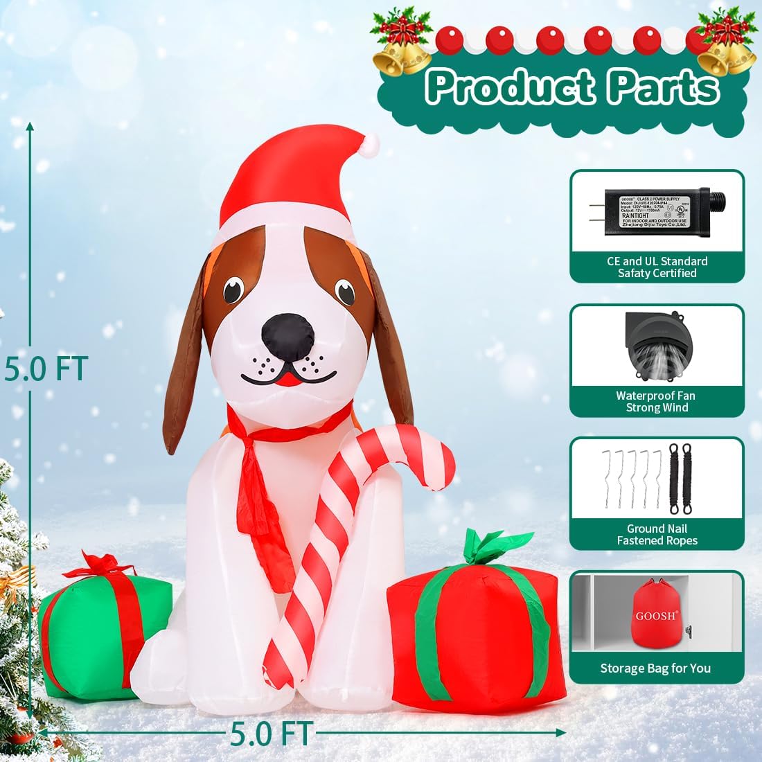 GOOSH 5 FT Christmas Inflatables Dog Outdoor Decorations Blow Up Beagle Dogs with Gift Box with Built-in LEDs for Xmas Party Indoor Garden Lawn Decor