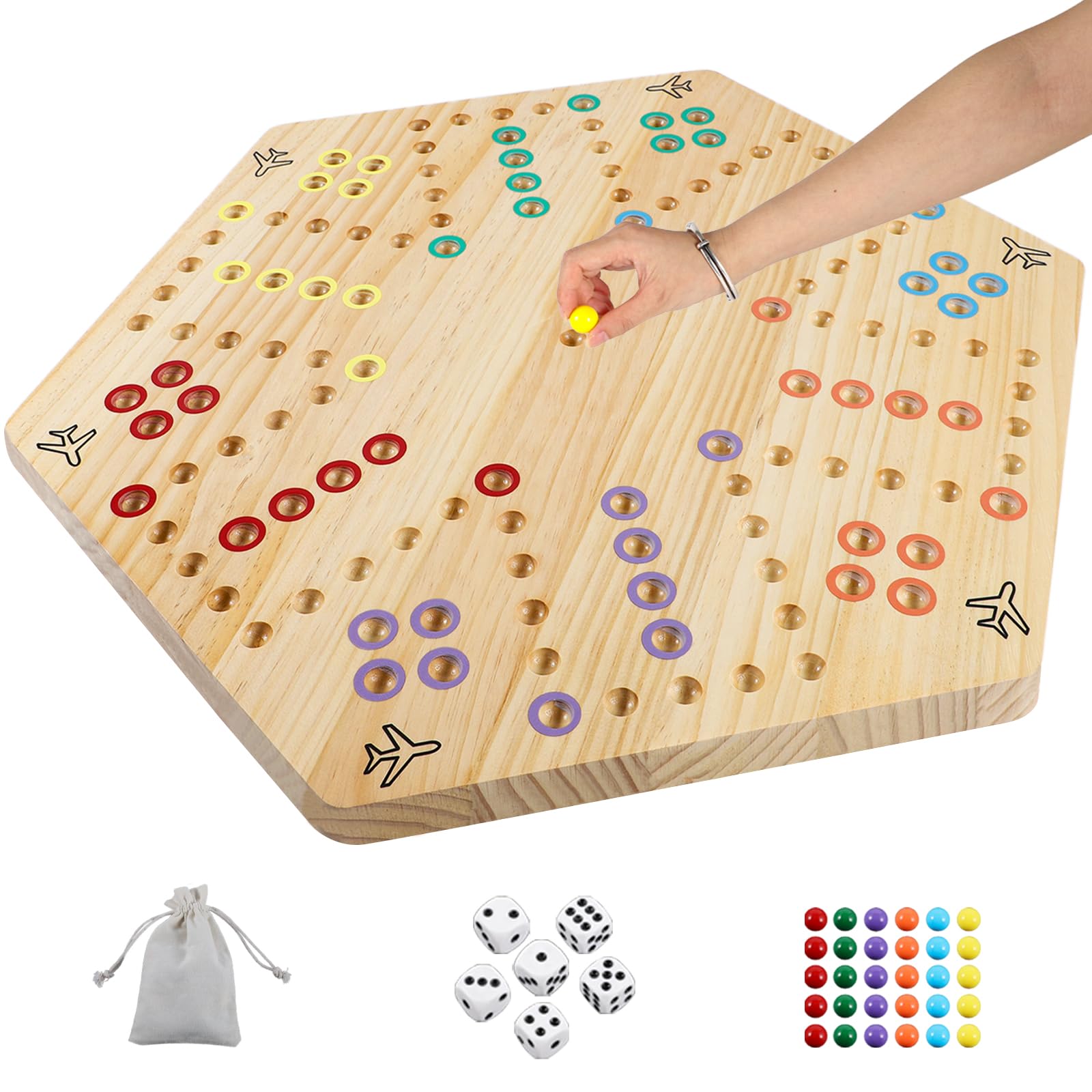 HOROW Wahoo Board Game 23.6 inch Wooden Original Board Game Classic 2 Side Painted Fast Track Game for 4 Player and 6 Player with 30 Marbles,6 Dices for Family Game Night(Extra Large)