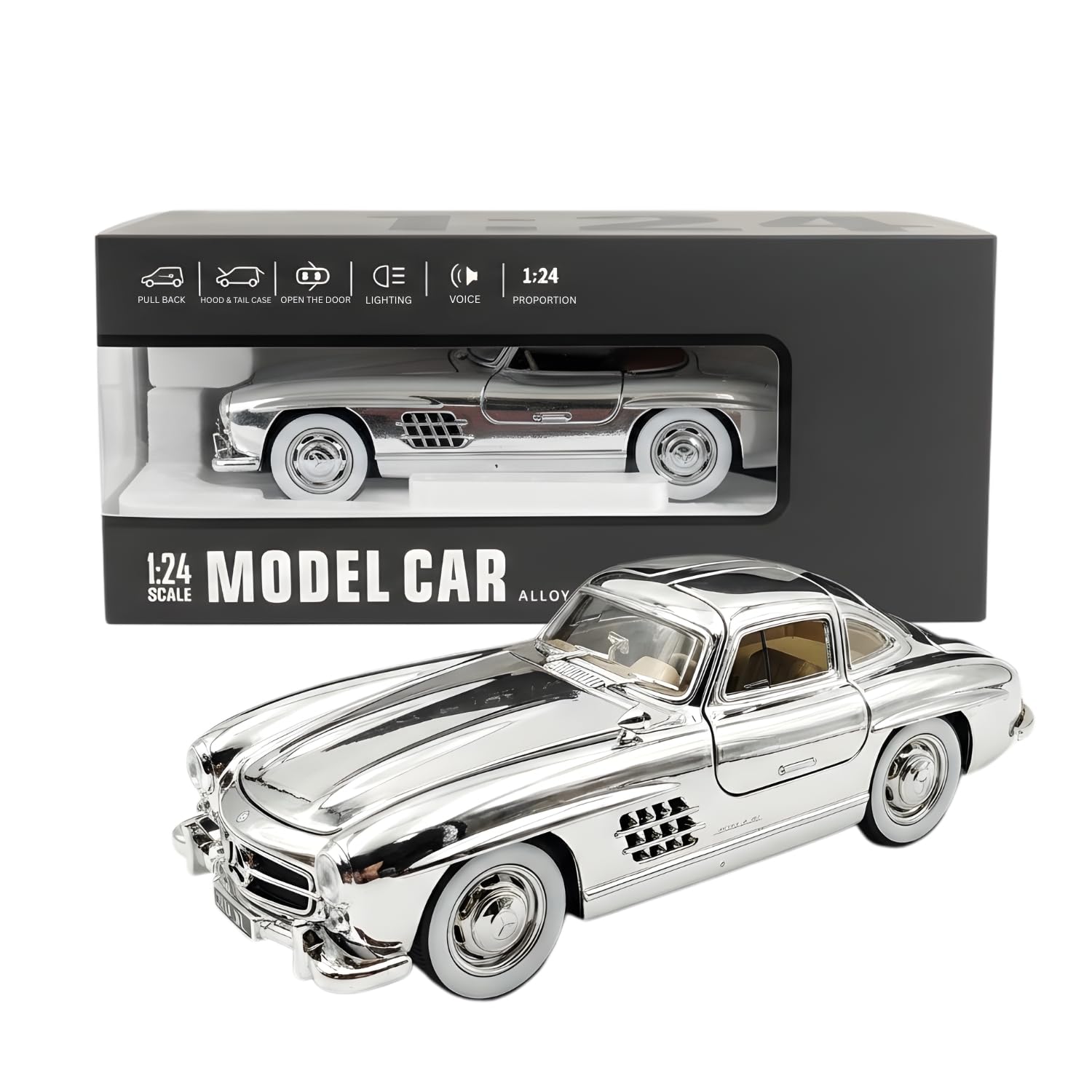 1:24 Scale Model Car Alloy Die Cast Series, Benz 300 SL Vintage Sports Cars with Opening Doors & Realistic Sound, Light, Collectible Gift Car for Kids & Adults