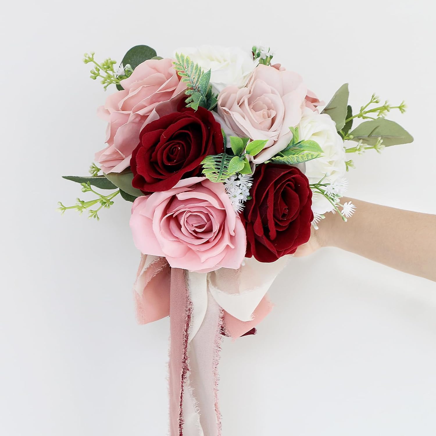 Bridal Bouquets for Wedding - Artificial Flower Bouquets for Bride Pre-Made Roses Bouquets for Vintage Wedding or Centerpieces Decoration - Blush & Burgundy & White - Image 4