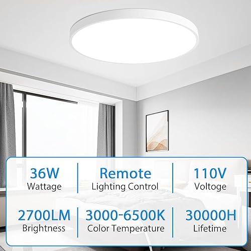 Miniatura 5 de Lámpara de techo de montaje empotrado de 36 W, color blanco, lámpara de techo regulable de 19.7 pulgadas con control remoto, 2700 lm, 3000-6500 K