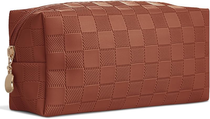 Necessaire de maquiagem MXXUUOOM em couro sintético, padrão xadrez, 20,07 cm x 10,16 cm x 7,87 cm