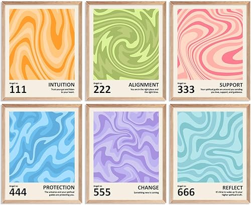 SAGUEYU Aura Angel Wave Line Numbers Póster de arte de pared estético espiritual minimalista con citas inspiradoras, juego de 6 pósteres para SAGUEYU Aura Angel Wave Line Numbers Póster de arte de pared estético espiritual minimalista con citas inspiradoras, juego de 6 pósteres para