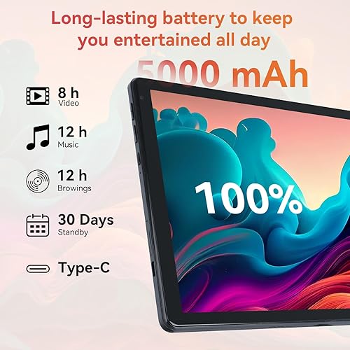 Miniatura 4 de Tablet, tableta Android 15 de 10.1 pulgadas con procesador Octa-core 24GB RAM 128GB ROM HD IPS pantalla táctil 8H batería, Wi-Fi 6, BT 5.0, cámara