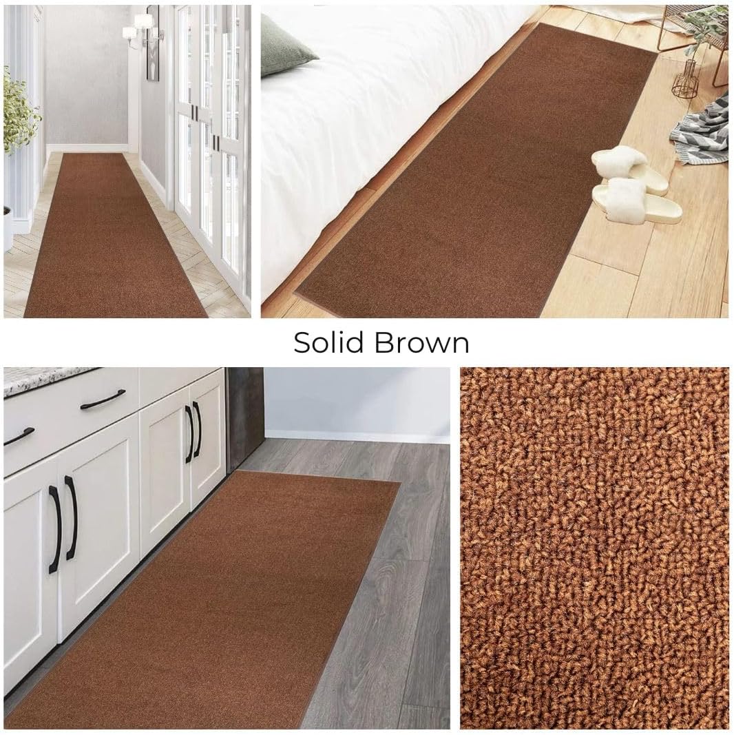 Extra-Long Custom Length Slip-Resistant Runner Rug with Low Pile Absorbent, Stain-Resistant (8 Feet Length x 31.5 Inch Width) Perfect for Entryways, Hallways, Kitchen, Solid Brown Color