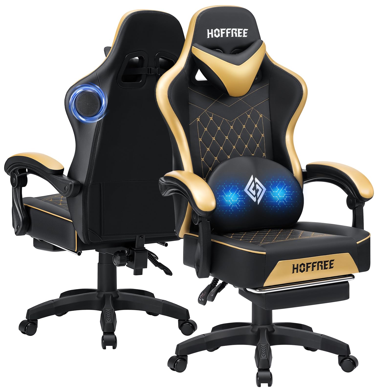 HOFFREE Gaming Chair with Speakers Massage Computer Gaming Chair with Pocket Spring Cushion for Adults Reclining Gamer Chair with Bluetooth Video Game