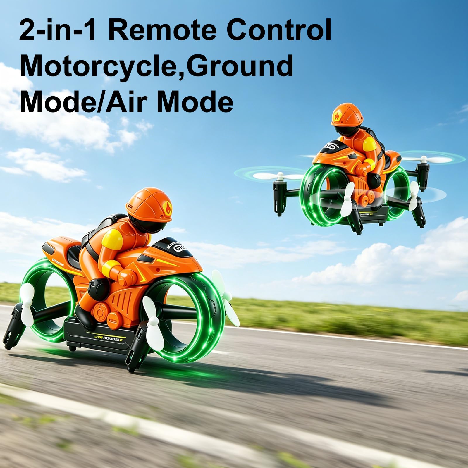 OBEST Motocicleta teledirigida 2,4 G, 2 en 1, avión no tripulado de tierra y aire, giro de 360°, vuelo flotante automático, modo sin cabeza, iluminación LED, función de carga USB
