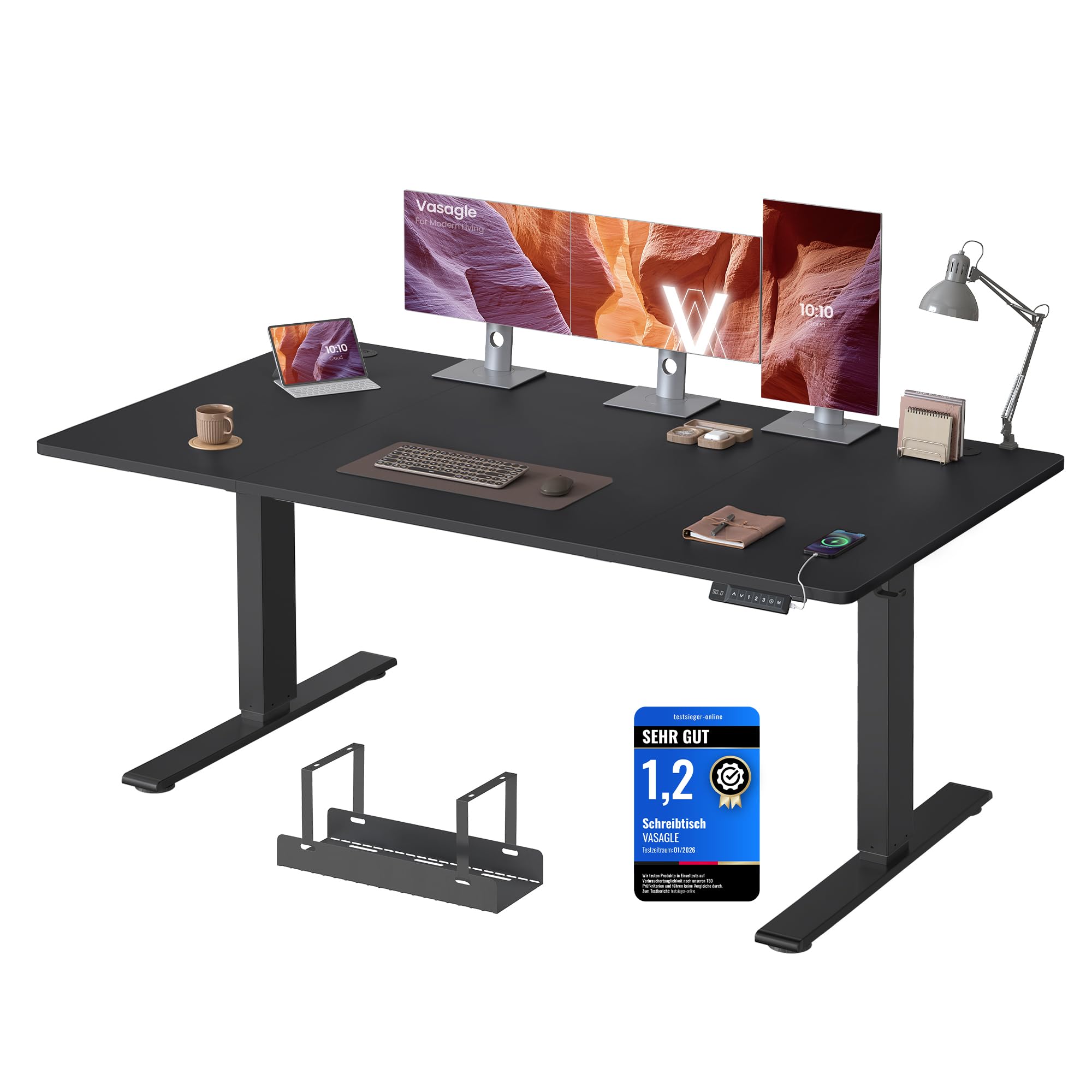 VASAGLE Höhenverstellbarer Schreibtisch, 160 x 80 cm, USB-C-Anschluss, Ablage für Steckdosenleiste, Stehtisch, Erinnerung bei langem Sitzen, 3 Speichertasten, für Büro, tintenschwarz LSD146BZ02