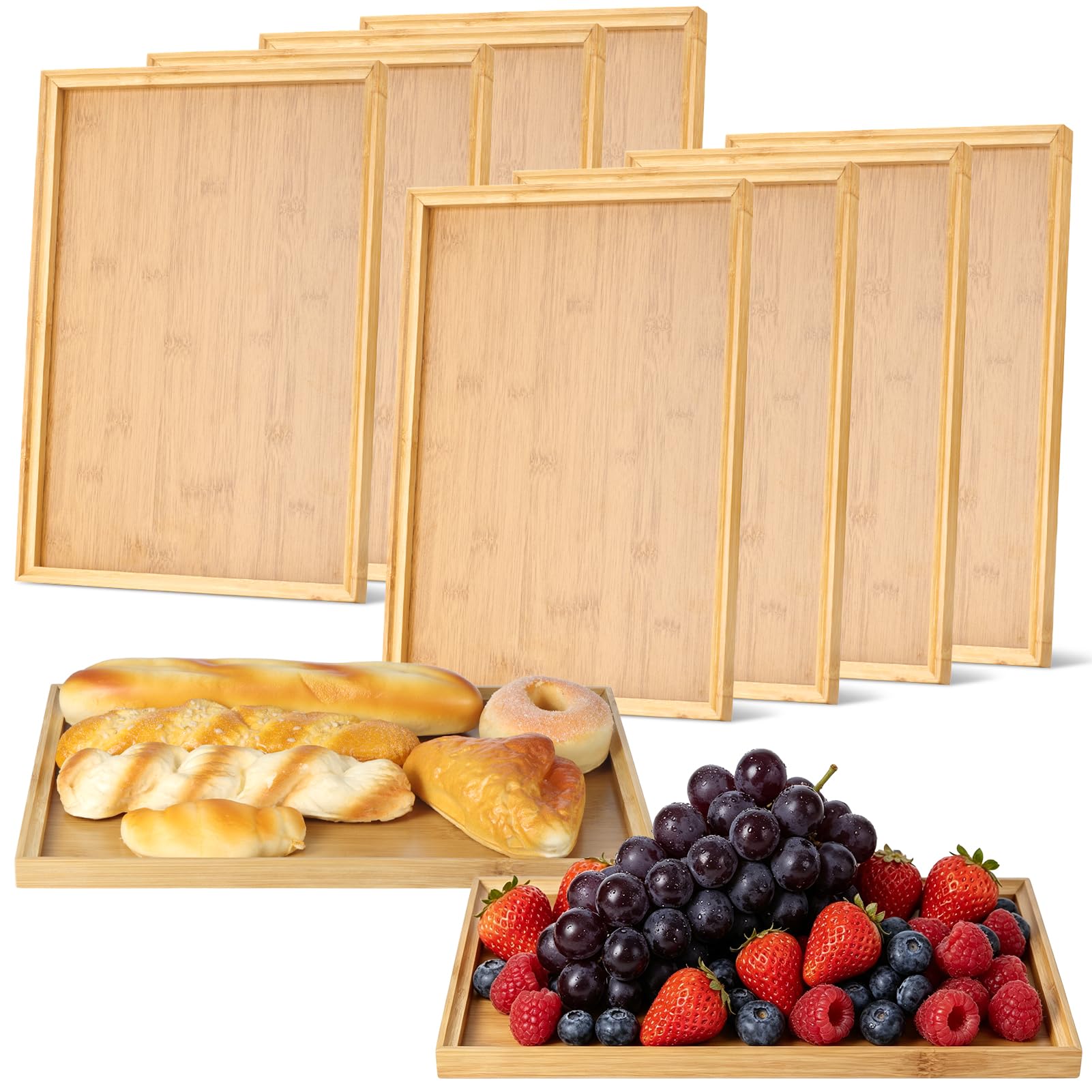 10er Set Rechteckige Bambus Serviertabletts – 37x26 cm Tabletts aus Bambus für Speisen, Getränke und Snacks – Stapelbar & Pflegeleicht